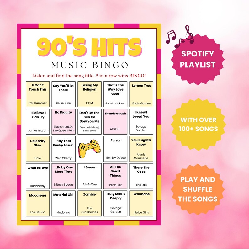 Puede incluir: Un colorido juego de Bingo musical de los a&ntilde;os 90 con t&iacute;tulos de canciones y nombres de artistas. Incluye un gr&aacute;fico de lista de reproducci&oacute;n de Spotify y el texto "Play and Shuffle the Songs". El fondo es rosa.