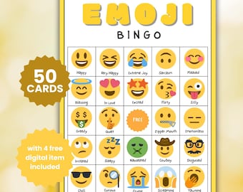 Juego de bingo con 50 emojis: actividad para niños en el aula, descargas digitales imprimibles