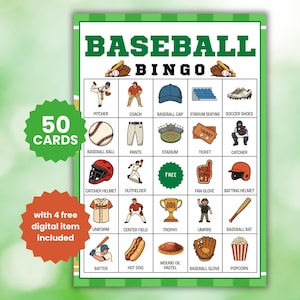 May include: A Baseball Bingo game card featuring a grid of twenty-five squares with illustrations of baseball-related items like a pitcher, coach, stadium, and bat. The text reads 50 CARDS with 4 free digital item included.