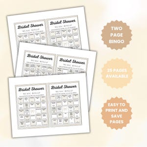 K&ouml;nnte beinhalten: Mehrere gedruckte Bl&auml;tter mit "Bridal Shower Music Bingo"-Karten sind gestapelt. Die Karten haben einen dekorativen Rand und enthalten ein Raster mit Songtiteln. Text auf der rechten Seite des Bildes lautet "Two Page Bingo", "25 Pages Available" und "Easy to Print and Save Pages".