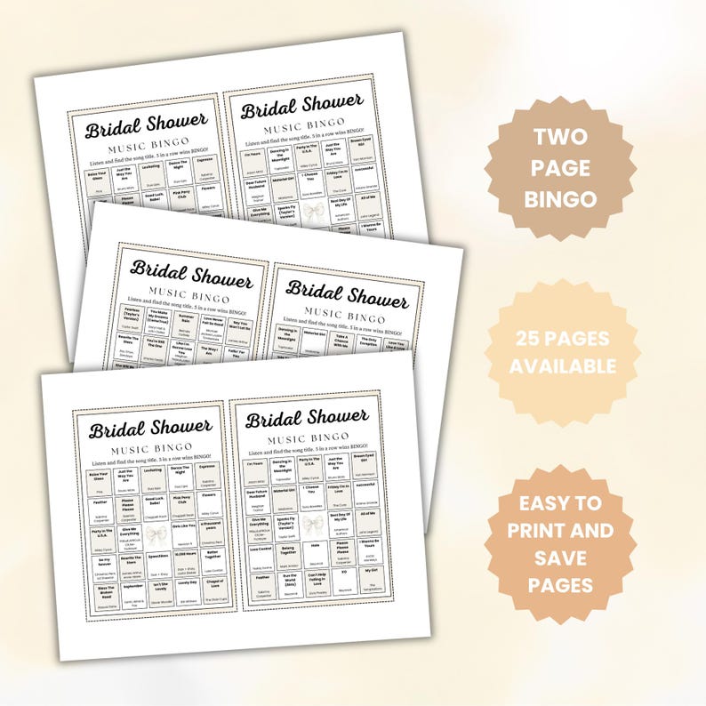 K&ouml;nnte beinhalten: Mehrere gedruckte Bl&auml;tter mit "Bridal Shower Music Bingo"-Karten sind gestapelt. Die Karten haben einen dekorativen Rand und enthalten ein Raster mit Songtiteln. Text auf der rechten Seite des Bildes lautet "Two Page Bingo", "25 Pages Available" und "Easy to Print and Save Pages".