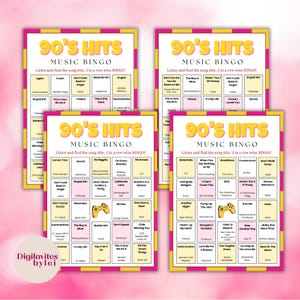 Puede incluir: Cuatro tarjetas de Bingo musical de los 90 con borde rosa y detalles amarillos. Cada tarjeta presenta una cuadr&iacute;cula de t&iacute;tulos de canciones. El texto "90's Hits Music Bingo" est&aacute; en la parte superior. Las tarjetas est&aacute;n dise&ntilde;adas para un juego.
