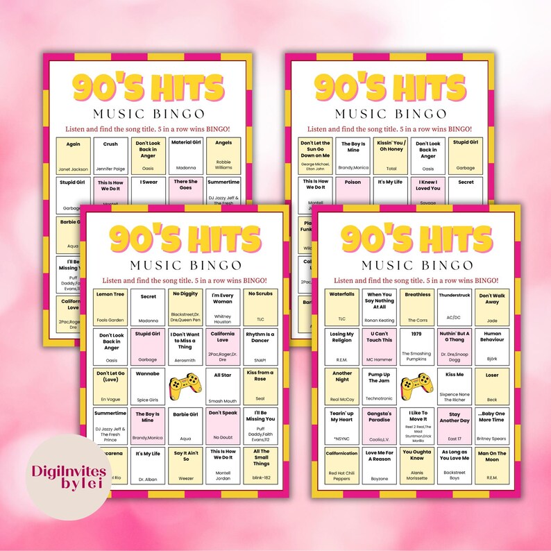 Puede incluir: Cuatro tarjetas de Bingo musical de los 90 con borde rosa y detalles amarillos. Cada tarjeta presenta una cuadr&iacute;cula de t&iacute;tulos de canciones. El texto "90's Hits Music Bingo" est&aacute; en la parte superior. Las tarjetas est&aacute;n dise&ntilde;adas para un juego.