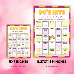 Puede incluir: Se muestran dos versiones de un juego de bingo musical de los &eacute;xitos de los 90. La versi&oacute;n m&aacute;s grande mide 21 x 30 cm, y la versi&oacute;n m&aacute;s peque&ntilde;a mide 13 x 18 cm. Las tarjetas de bingo tienen un borde rosa y presentan t&iacute;tulos de canciones y nombres de artistas.