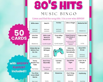 50 80s Hits Music Bingo Game with Spotify Playlist Family Reunion Game Printable Digital Download