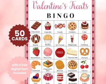 50 Valentine's Treats Bingo Game for Kids & Adult Party Game Printable Digital Download
