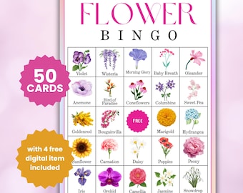 50 kart do gry w bingo „Kwiaty”, zajęcia w klubie ogrodniczym, gra „Podwieczorek”, zajęcia w klasie dla dzieci, gra na wiosenną imprezę, wersja cyfrowa do pobrania