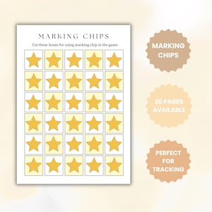 May include: A white sheet with a grid of yellow stars inside yellow squares, labeled "MARKING CHIPS." Text reads "Cut these boxes for using marking chip in the game." Additional text: "20 PAGES AVAILABLE" and "PERFECT FOR TRACKING."