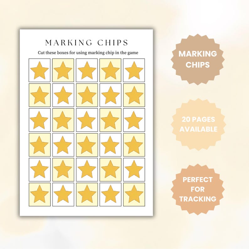 May include: A white sheet with a grid of yellow stars inside yellow squares, labeled "MARKING CHIPS." Text reads "Cut these boxes for using marking chip in the game." Additional text: "20 PAGES AVAILABLE" and "PERFECT FOR TRACKING."