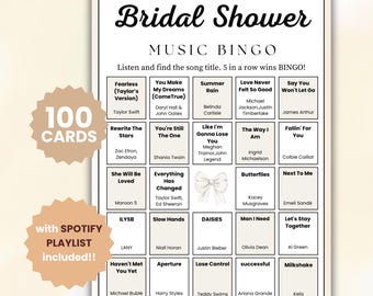100 Bridal Shower Music Bingo, Wedding Games, Bachelorette Party, Spotify Playlist, Printable Digital Download