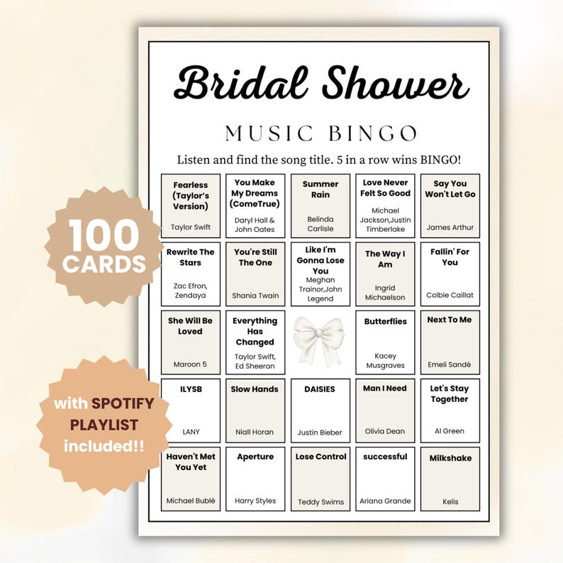 100 Bridal Shower Music Bingo, Wedding Games, Bachelorette Party, Spotify Playlist, Printable Digital Download