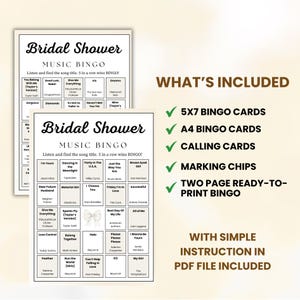 May include: A bridal shower music bingo game set. The design includes two bingo cards with song titles, and a list of included items: 5x7 and A4 bingo cards, calling cards, marking chips, and a two-page ready-to-print bingo game.