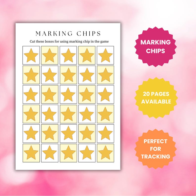 Puede incluir: Una hoja blanca con una cuadr&iacute;cula de estrellas amarillas dentro de cuadrados amarillo claro. El texto "MARKING CHIPS" y "Cut these boxes for using marking chip in the game" est&aacute;n en la parte superior. El texto adicional incluye "20 PAGES AVAILABLE" y "PERFECT FOR TRACKING".