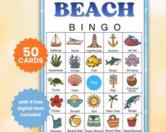 Gra w bingo na plaży 50, letnia aktywność na imprezę, fajna gra wakacyjna, rodzinny wypad na plażę dla dzieci i dorosłych, wersja cyfrowa do pobrania