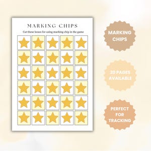 K&ouml;nnte beinhalten: Ein wei&szlig;es Blatt mit einem Raster aus gelben Sternen in gelben Quadraten, beschriftet mit "MARKING CHIPS". Der Text lautet "Schneiden Sie diese K&auml;stchen aus, um den Markierungschip im Spiel zu verwenden". Zus&auml;tzlicher Text: "20 SEITEN VERF&Uuml;GBAR" und "PERFEKT ZUM TRACKING".