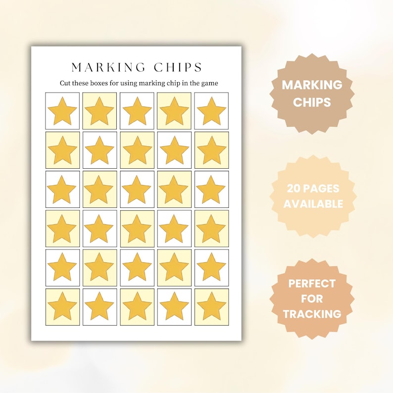 K&ouml;nnte beinhalten: Ein wei&szlig;es Blatt mit einem Raster aus gelben Sternen in gelben Quadraten, beschriftet mit "MARKING CHIPS". Der Text lautet "Schneiden Sie diese K&auml;stchen aus, um den Markierungschip im Spiel zu verwenden". Zus&auml;tzlicher Text: "20 SEITEN VERF&Uuml;GBAR" und "PERFEKT ZUM TRACKING".