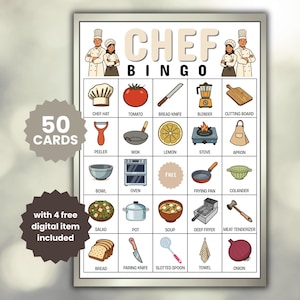 Puede incluir: Una tarjeta de juego Chef Bingo con ilustraciones de utensilios de cocina y alimentos como un tomate, cuchillo de pan, licuadora, tabla de cortar, pelador, wok, limón, estufa, delantal, tazón, horno, sartén, colador, ensalada, olla y cebolla.