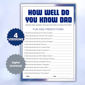 May include: A printable game sheet titled "How Well Do You Know Dad" with fill-in-the-blank questions. The sheet includes prompts about Dad's preferences and predictions. The design features blue text and decorative elements.