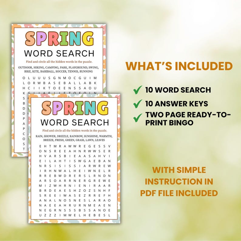 10 Spring Word Search Puzzle Game Spring Party Game for Kids & Adults ...