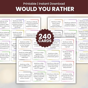 May include: Printable "Would You Rather" game cards. The cards feature various hypothetical scenarios for players to choose between. The set includes 240 cards and is available for instant download.