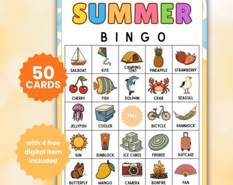 50 Summer Bingo Game, Summer Party Activity, Beach Vacation Day for Kids & Adults, Printable Digital Download