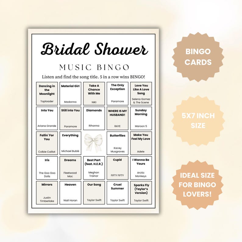 May include: A black and white Bridal Shower Music Bingo game card. The card features a grid of song titles, with text that reads "Listen and find the song title. 5 in a row wins BINGO!" Includes Bingo Cards, 5x7 inch size, and ideal size for bingo lovers.