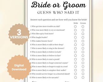 Bride or Groom Guess Who Said It Bridal Shower Game, He said or She said, Who Knows the Couple Best, Printable Digital Download