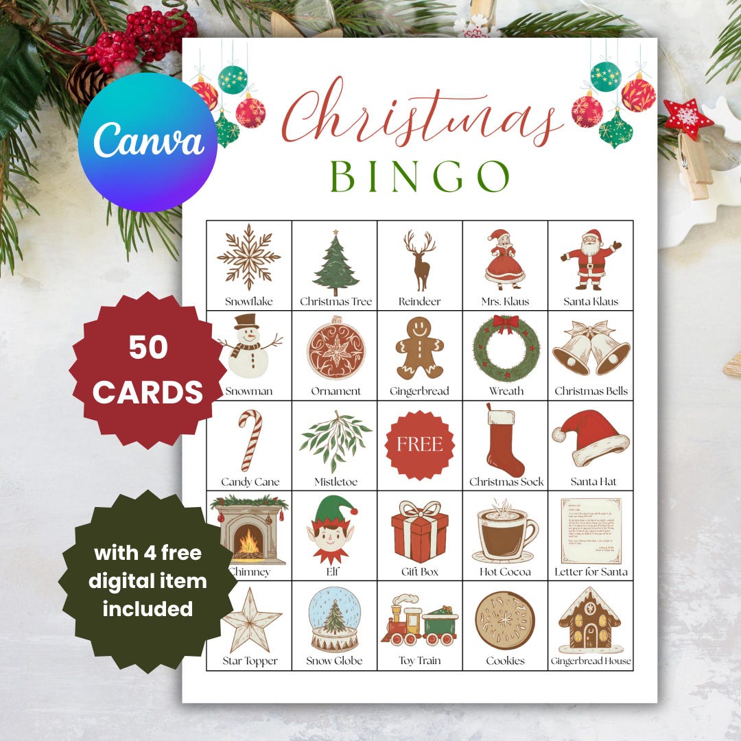 50 Christmas Bingo Game Classic Party Game Printable Digital Downloads ...