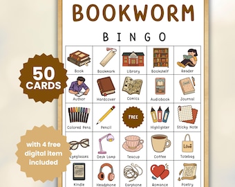 50 Bookworm Bingo Game, Library Game for Kids & Adults, Book Club Party Game, Printable Digital Download