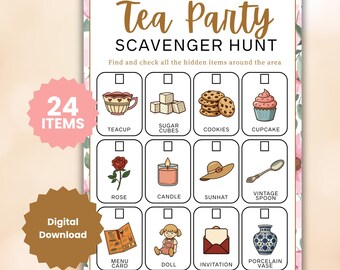 Tea Party Scavenger Hunt Game, Outdoor & Indoor Tresure Hunt, Birthday Party Game, Bridal Shower Game, Printable Digital Download