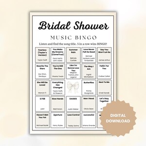 May include: A printable Bridal Shower Music Bingo game card. The black text on the white background includes song titles and artist names. The words "Bridal Shower" are at the top. A digital download is available.