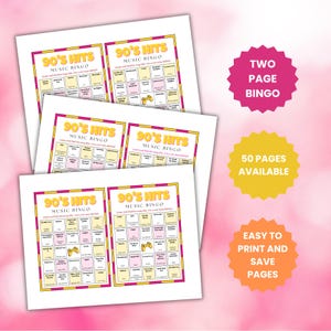 Puede incluir: Se muestran varias hojas de tarjetas de Bingo musical de los 90, con un dise&ntilde;o colorido con un borde rosa y amarillo. Las tarjetas tienen un dise&ntilde;o de cuadr&iacute;cula con t&iacute;tulos de canciones. El texto adicional en la imagen incluye "Two Page Bingo", "50 Pages Available" y "Easy to Print and Save Pages."