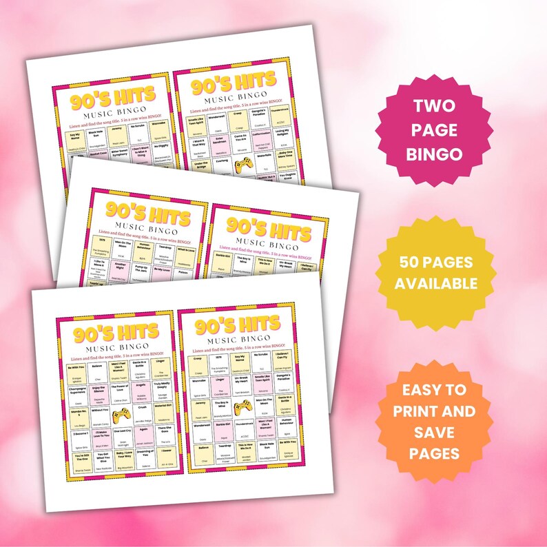 Puede incluir: Se muestran varias hojas de tarjetas de Bingo musical de los 90, con un dise&ntilde;o colorido con un borde rosa y amarillo. Las tarjetas tienen un dise&ntilde;o de cuadr&iacute;cula con t&iacute;tulos de canciones. El texto adicional en la imagen incluye "Two Page Bingo", "50 Pages Available" y "Easy to Print and Save Pages."