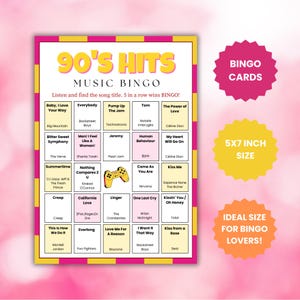 Puede incluir: Una tarjeta de Bingo de m&uacute;sica de los 90 con t&iacute;tulos de canciones y un dise&ntilde;o rosa y amarillo. Incluye una etiqueta de tama&ntilde;o 5x7 pulgadas y una estrella rosa que dice "Bingo Cards".
