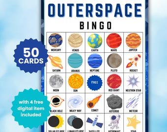 50 Outerspace Bingo Games Space Birthday Party Game for Kids Classroom Activities