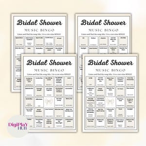K&ouml;nnte beinhalten: Vier wei&szlig;e Bridal Shower Music Bingo-Karten mit Songtiteln. Die Karten haben einen schwarzen Rand und Text. Der Text enth&auml;lt Songtitel wie "Perfect" und "10,000 Hours". Das DigiPlay HUB-Logo befindet sich unten links.