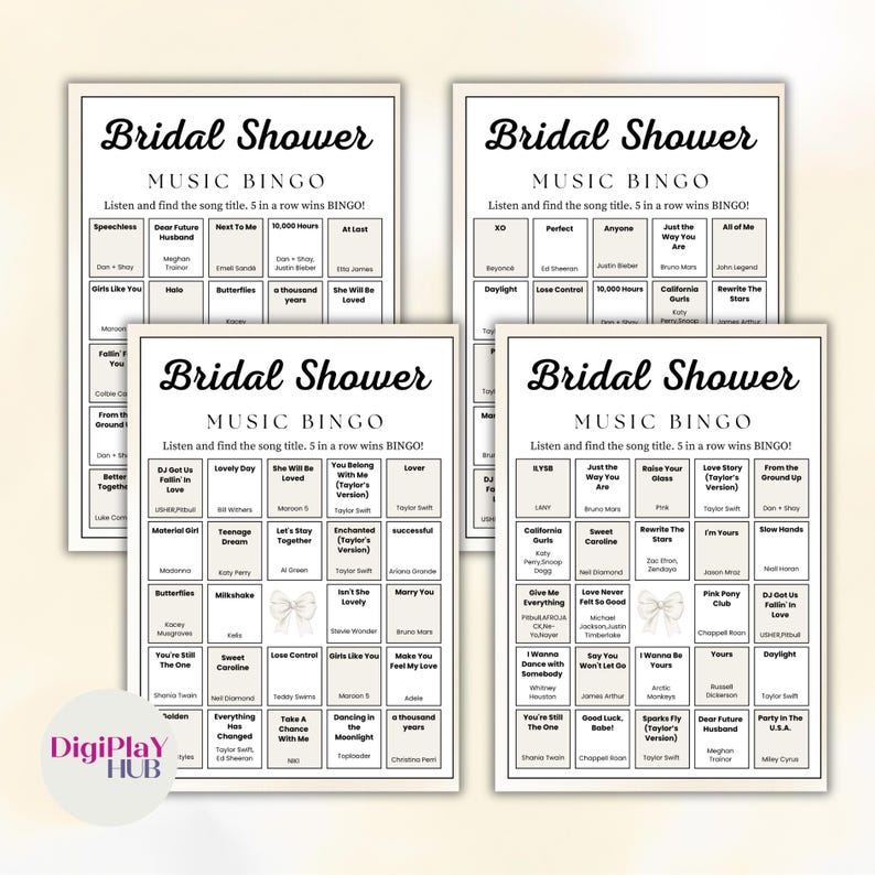 K&ouml;nnte beinhalten: Vier wei&szlig;e Bridal Shower Music Bingo-Karten mit Songtiteln. Die Karten haben einen schwarzen Rand und Text. Der Text enth&auml;lt Songtitel wie "Perfect" und "10,000 Hours". Das DigiPlay HUB-Logo befindet sich unten links.
