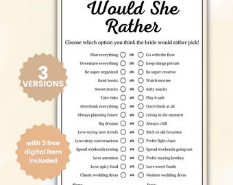 Would She Rather Bridal Shower Game, Bride-to-be Game, This or That Activities, Wedding Party Game, Printable Digital Download