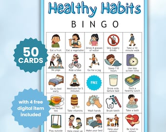 50 Healthy Habits Bingo Game, Wellness and Self Care Activity, Kids Health Routine, Nutrition and Fitness Bingo, Printable Digital Download
