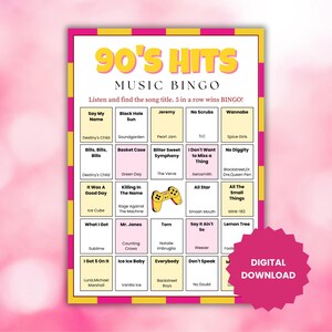 Juego de bingo musical con 100 éxitos de los 90 y lista de reproducción de Spotify. Juego de reunión familiar. Descarga digital imprimible. imagen 2