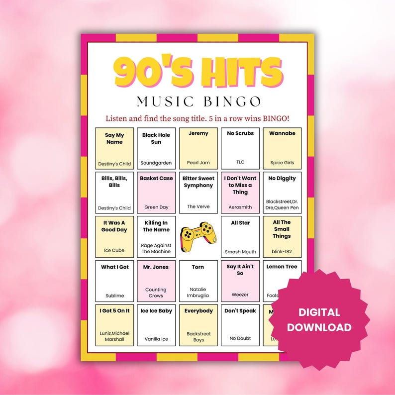 Juego de bingo musical con 100 éxitos de los 90 y lista de reproducción de Spotify. Juego de reunión familiar. Descarga digital imprimible. imagen 2