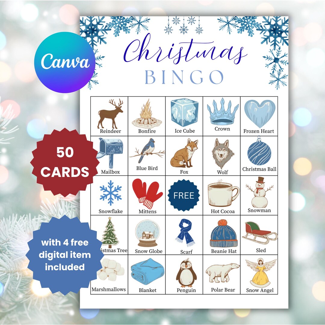 Winter Christmas Bingo Game Printable 50 Christmas Cards for Fun ...