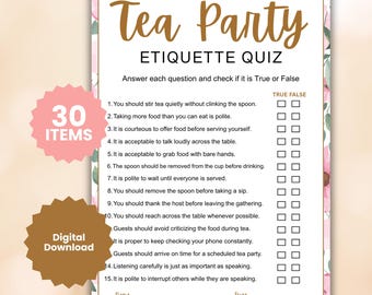 Tea Party Etiquette Quiz Game, Trivia Quiz Questionnaires, Birthday Party Game, Printable Digital Donwload