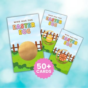 May include: Three cards with the text "WHO HAS THE EASTER EGG" and illustrations of an Easter egg and a basketball. A gold-colored circle is on the largest card. A pink starburst reads "50+ CARDS".