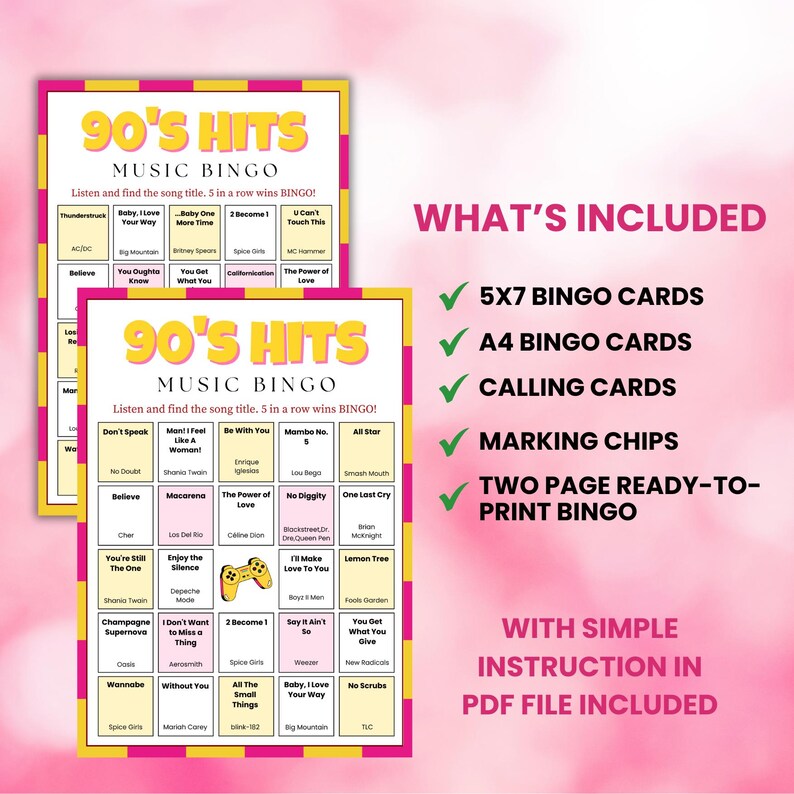 Puede incluir: Dos tarjetas de juego de Bingo musical de los 90's Hits con un borde rosa y amarillo. Las tarjetas enumeran los t&iacute;tulos de las canciones e incluyen detalles de "Qu&eacute; est&aacute; incluido": tarjetas de bingo 5x7 y A4, tarjetas de llamada, fichas de marcado y bingo listo para imprimir.