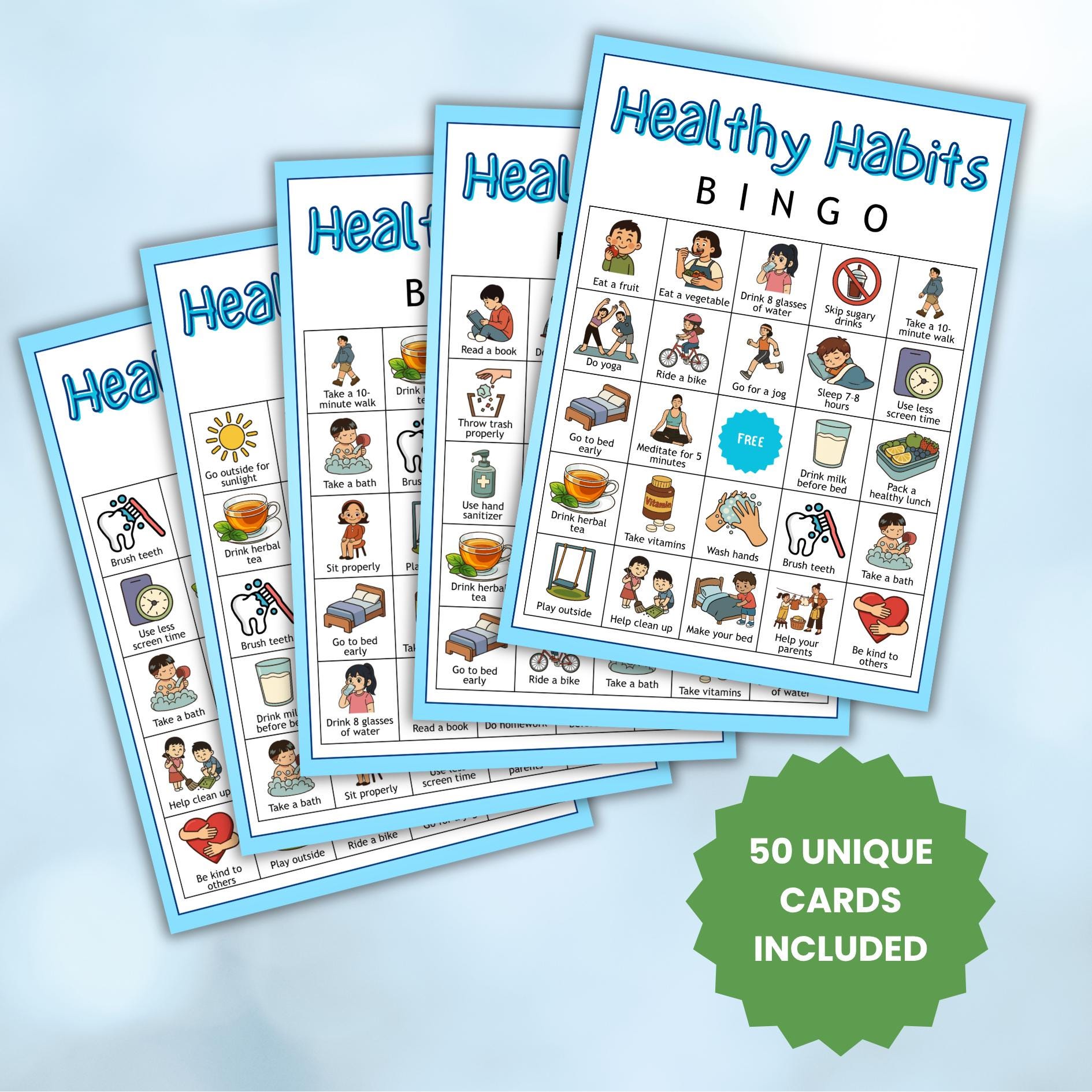 50 Healthy Habits Bingo Game, Wellness and Self Care Activity, Kids ...