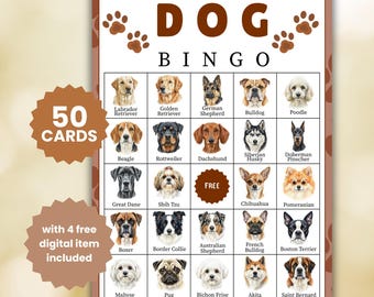 50 Dog Bingo Game Animal Party Games Dog Birthday Activities Printable Digital Downloads
