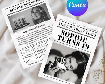 Editable Birthday Newspaper Invitation Template Black and White Design Digital Download