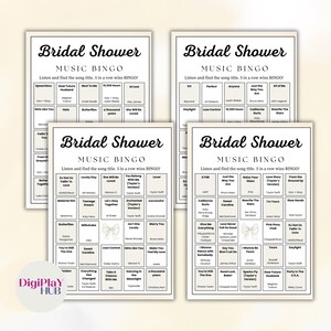 May include: Four white Bridal Shower Music Bingo cards with song titles. The cards have a black border and text. The DigiPlay HUB logo is in the lower left corner.
