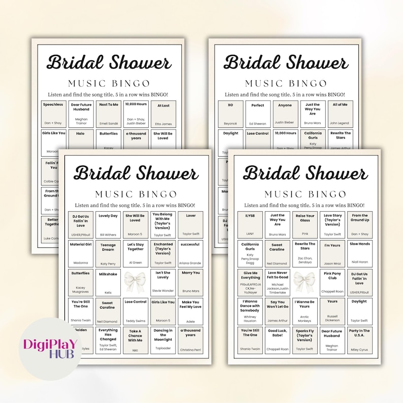 May include: Four white Bridal Shower Music Bingo cards with song titles. The cards have a black border and text. The DigiPlay HUB logo is in the lower left corner.